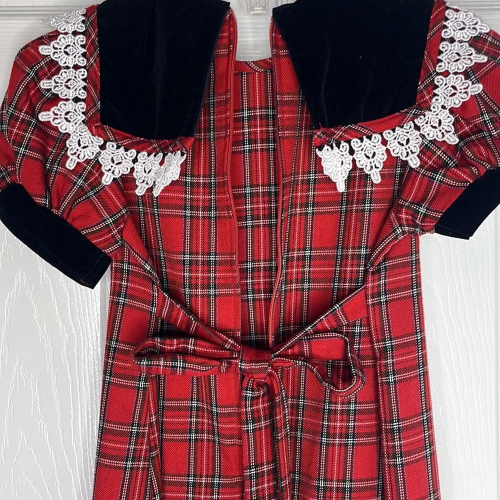 RARE EDITIONS Girls Red Plaid Short Puffy Sleeve Dress Black Velvet Collar Lace